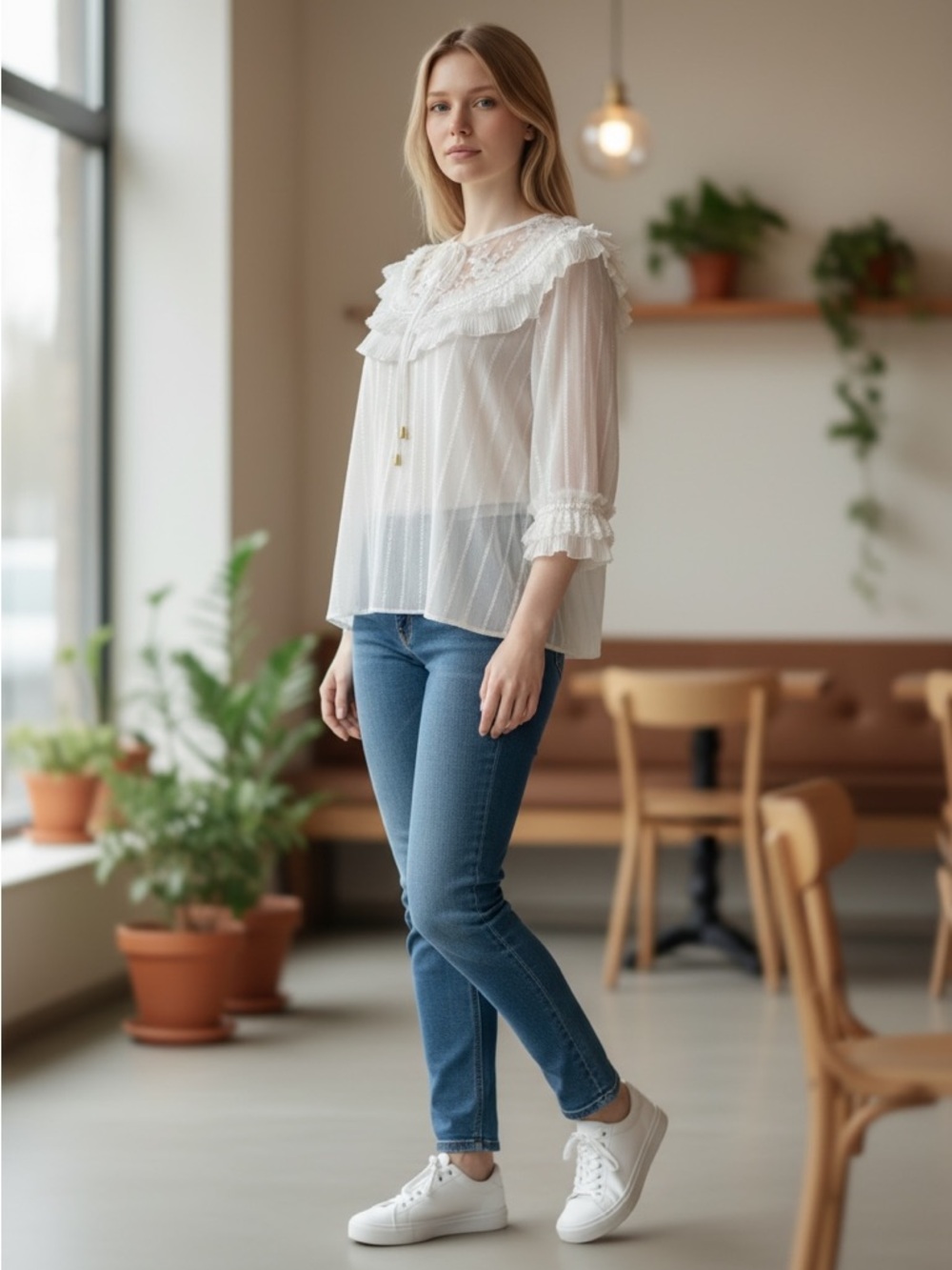 POL White Lace Yoke Ruffled Peasant Blouse NWOT